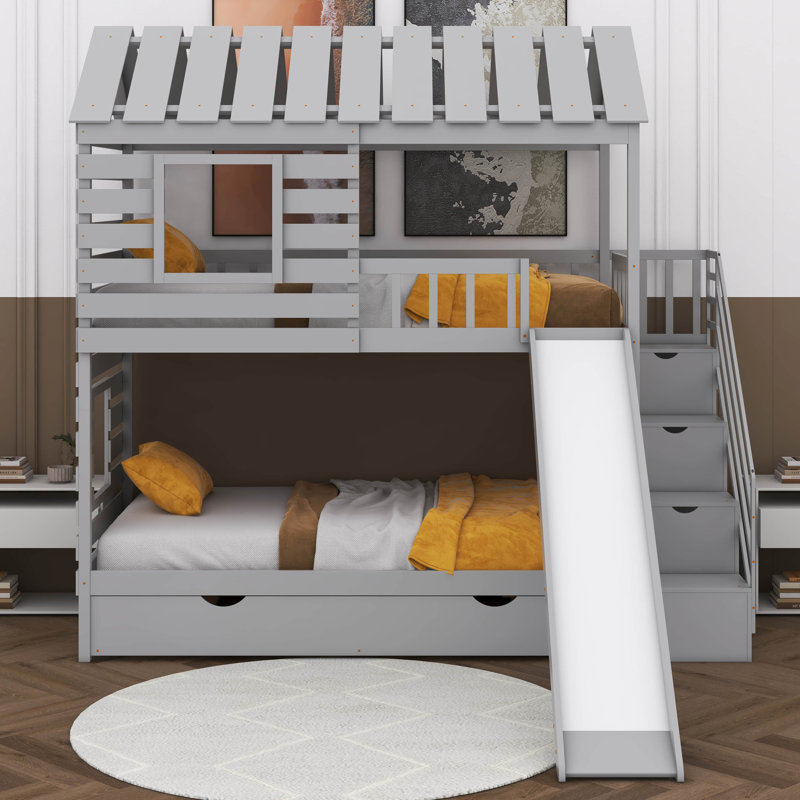 Pocklington Twin over Twin House Bunk Bed with Trundle and Slide, Roof and Window Design, Gray