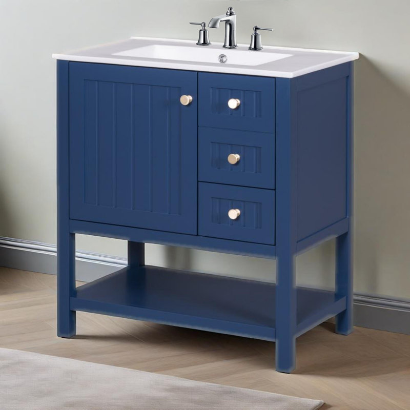 30" Bathroom Vanity Cabinet Combo with Ceramic Sink, Two Drawers and a Cabinet Door, Blue