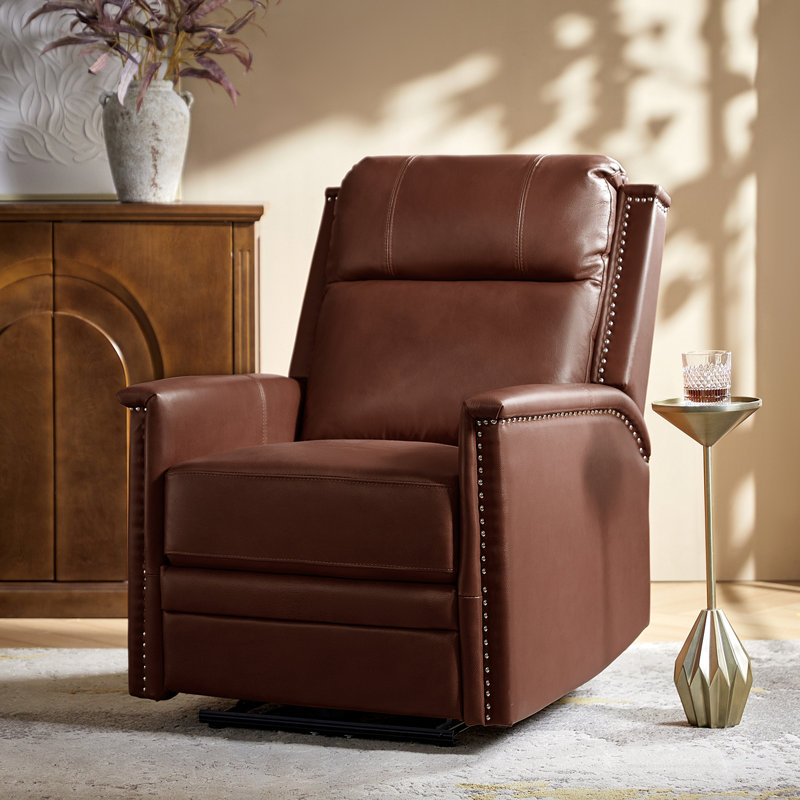 Electric Genuine Leather Power Recliner with Nailhead Trim and Built-in USB Port, Brown Genuine Leather