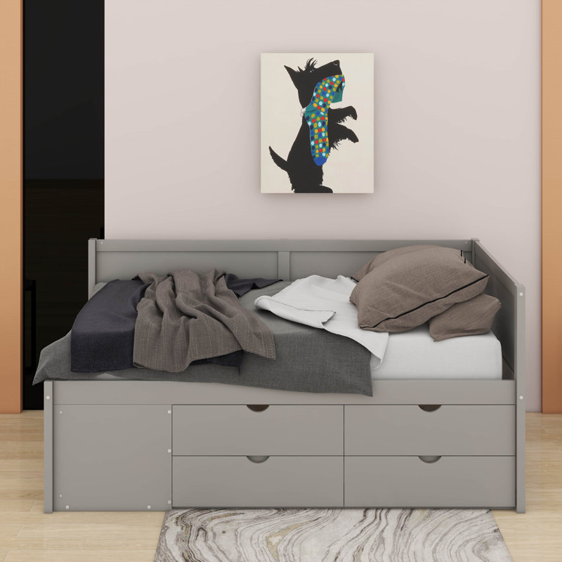 Lit de jour simple avec tiroirs et tablettes, gris, Simple