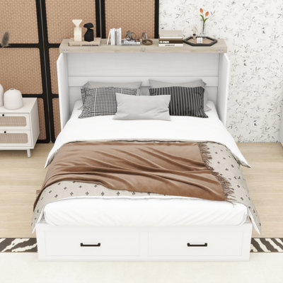 Lit escamotable en bois avec station de charge intégrée et tiroirs de rangement
