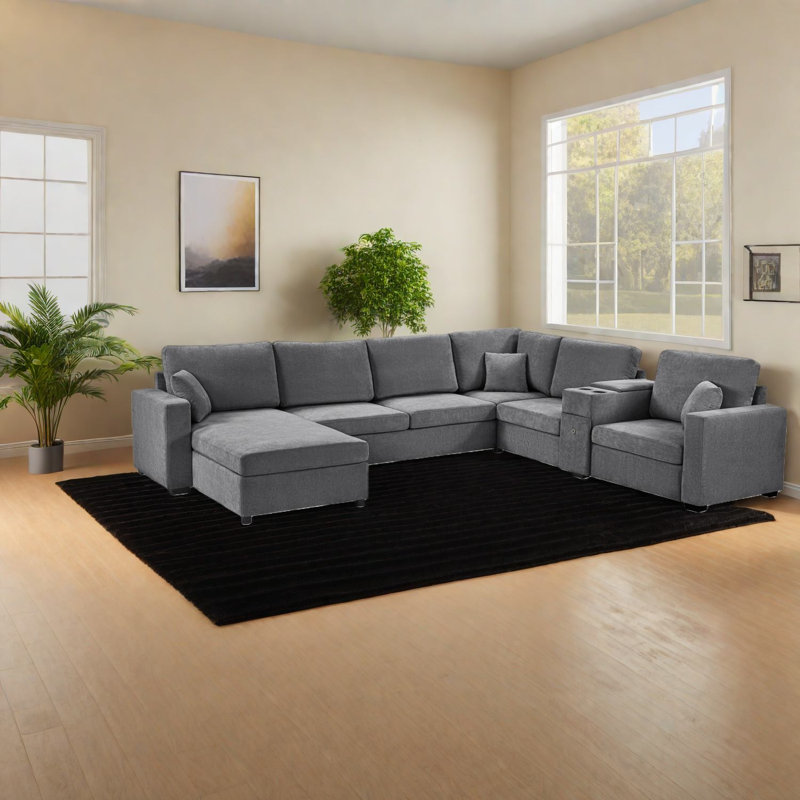 Spacieux canapé modulaire en chenille à 5 places, en forme de U moderne avec rangement pour la vie familiale