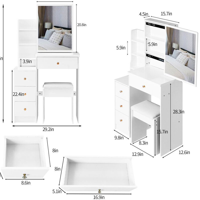 Compact Left Bedside Dresser Vanity, Includes Cushioned Stool & Extra Large Sliding Mirror, Multi-Layer Storage, Elegant White For Areas Small Space- Cabinet Vanity Table, With Padded Big Fashionable
