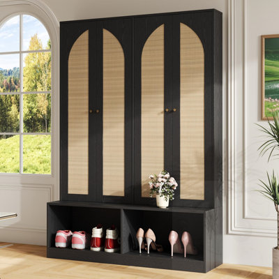 Hall Tree with 4 Rattan Doors, Seating Bench and 6 Hooks