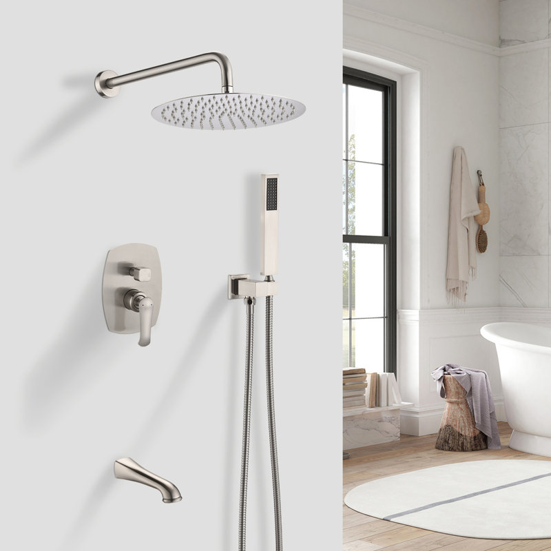 Système de douche mural avec pomme de douche à main et bec de baignoire, Nickel brossé