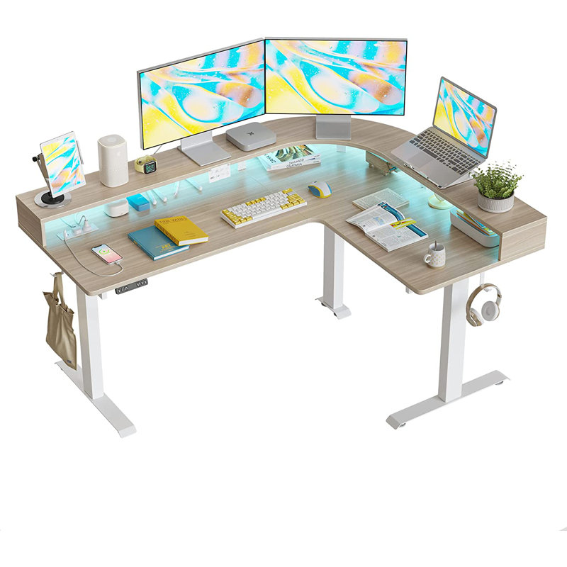 Adjustable L-Shaped Metal Base Writing Desk with Power Outlet, Light Walnut/White