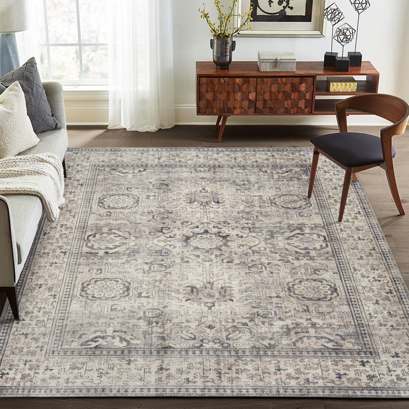 Tapis beige / gris ivoire Nel Paz, Rectangle 7 pi 6 po x 9 pi 6 po