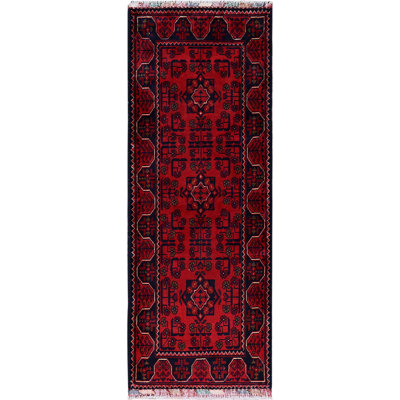 Tapis Khamyab afghan 1 pi 9 po x 4 pi 10 po avec motif de médaillons tribaux, laine nouée à la main douce et veloutée, colorants végétaux, tapis de couloir court et étroit, tapis oriental