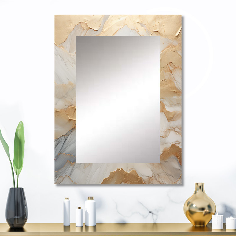 Art de pierre glacier beige et doré III - miroir de formes abstraites, miroir mural décoratif moderne, impression d'art en métal