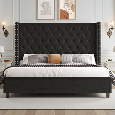 Structure de lit avec tête de lit tapissier en velours de 61,4 po de hauteur