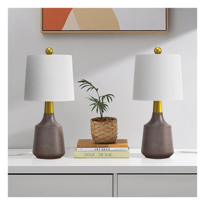 19.75" Small Modern Ceramic Table Lamp Set of 2, Grey Iron Base with White Linen Shade for Bedroom Nightstand or Living Room Desk (Bulbs Not Included)