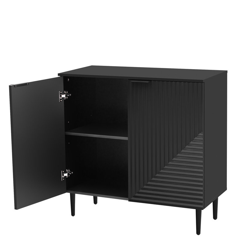 Contemporary Minimalist Side Cabinet, Adjustable Shelf Setup, Geometric Door Pattern Modern Cabinet In Black, With Spacious Storage And Interior Shelves