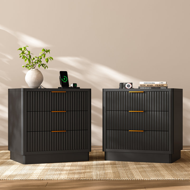 23.6" W 3-Drawer Nightstand with Charging Station, Black