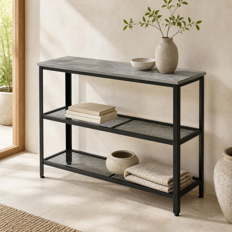 Console d'entrée à 3 niveaux gris pâle avec structure en fer et étagères en bois - Table d'appoint étroite pour couloir, salon, hall d'entrée ou appartement - Table de rangement moderne pour bureau à domicile