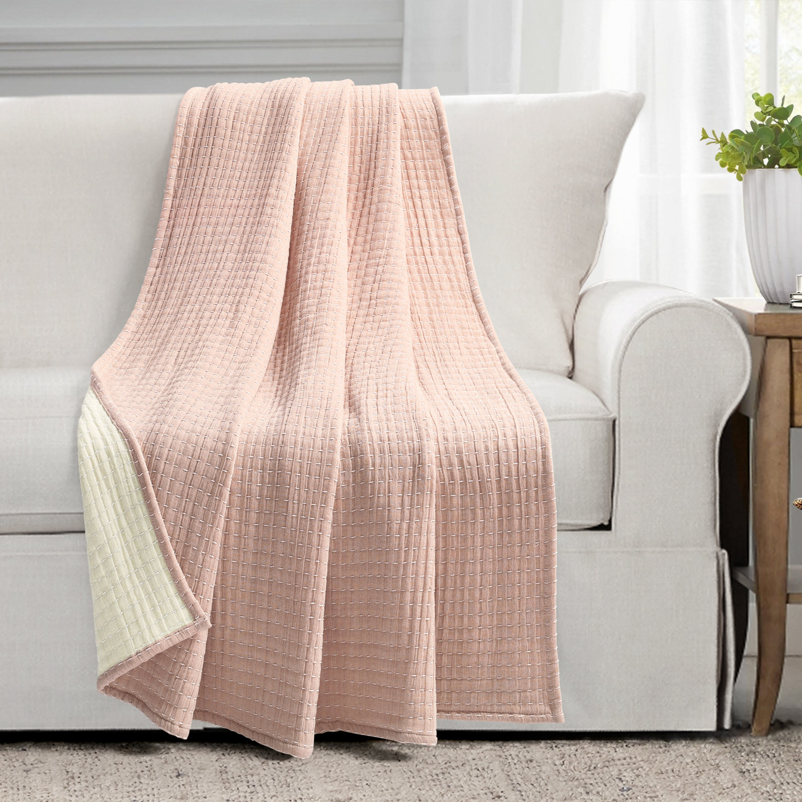 Windcrest Cotton Throw Blanket, Blush/Off White