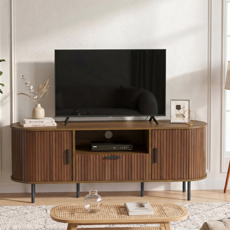 Meuble télé pour téléviseur de 60 po avec portes coulissantes courbées et tiroir, brun, Brown/Black