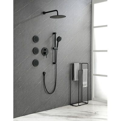 Shower System With Shower Head, Hand Shower, Slide Bar, Bodysprays, Shower Arm, Hose, Valve Trim, And Lever Handles