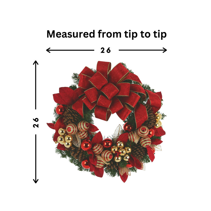 Holiday Wreath with Red and Gold Leaves, Ornaments, Pinecones and Velvet Bows