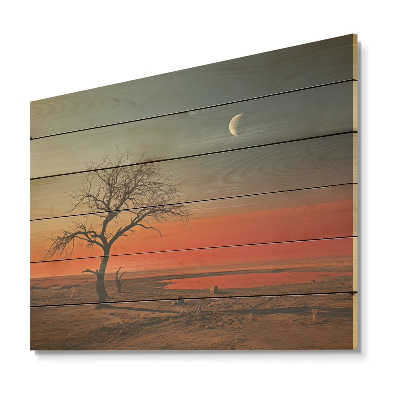Orange And Blue Desert Nature Scenes Minimalism Charm - Africa Wood Panel Wall Art On Natural Pine Wood, 30" H x 40" W