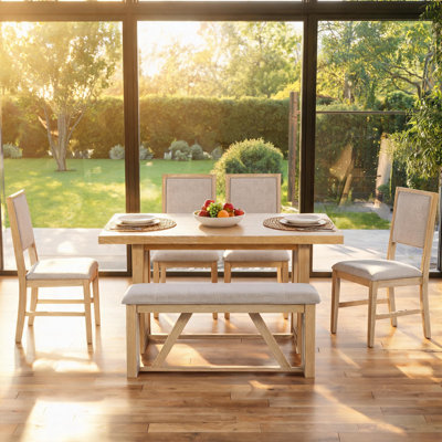 Ensemble de salle à manger rétro 6 pièces, table en bois de 152 cm avec piètement à tréteaux, 4 chaises et un banc pour cuisine/salle à manger