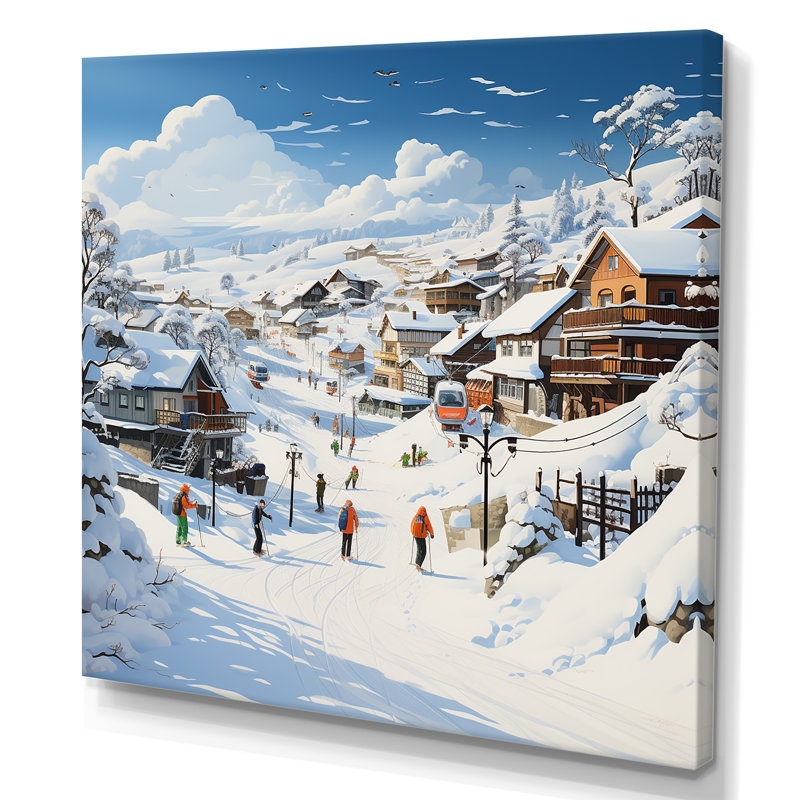 «Skiing Winter Village Horizon», art mural fruits, Toile tendue, 16" H x 16" W