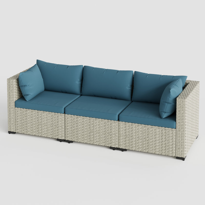 Canapé de patio en rotin avec coussins 3 pièces, Bleu paon
