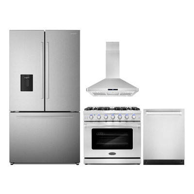 Cosmo 4 Piece Kitchen Appliance Package with French Door Refrigerator 36'' Gas Freestanding Gas Built-In Island Range Hood