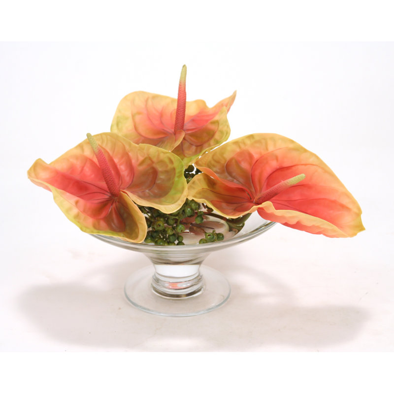 Corail/antheriums vert dans un highgate en verre