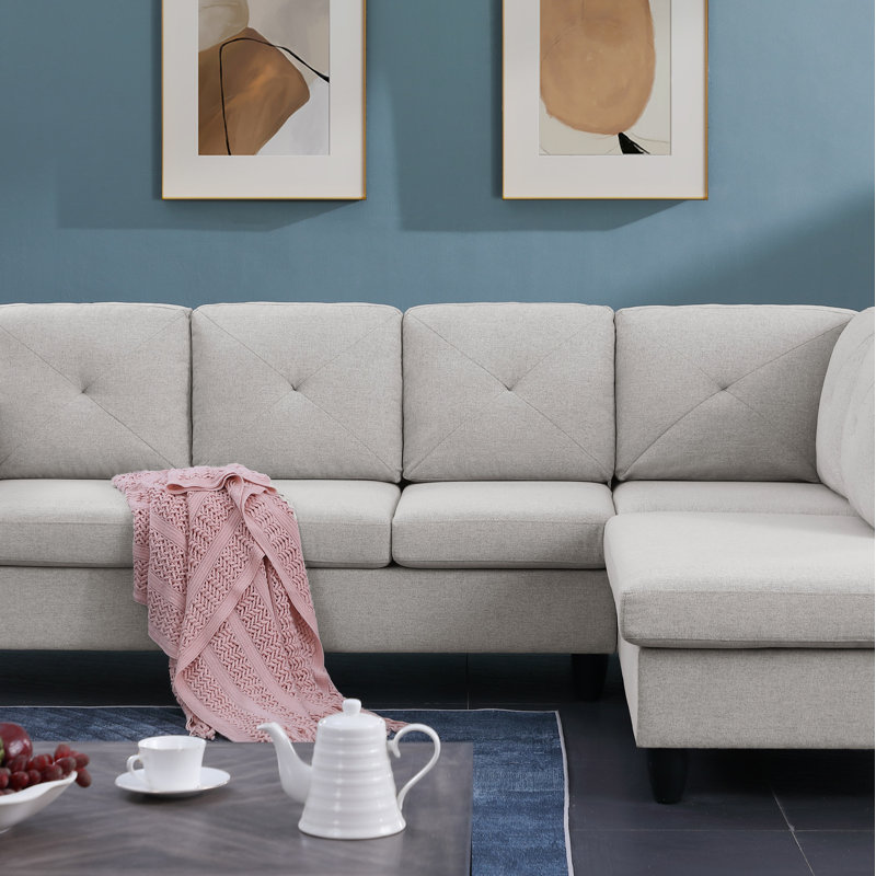 Canapé modulaire en lin avec méridienne orientée vers la droite, Lin gris pâle