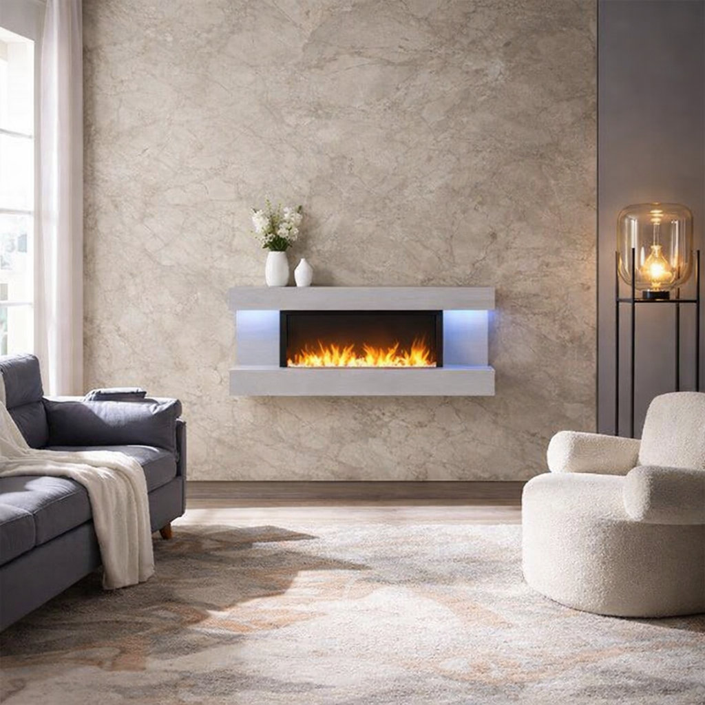 FLAMME Kingston Wall Mounted Electric Fireplace White with 3 Flame Colours and 13 Mood Lighting Options 1.8kW heater