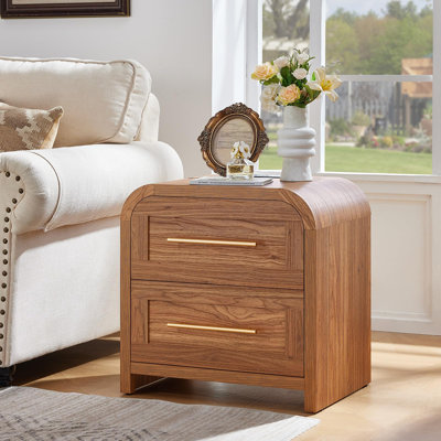 Night Stand with Charging Station, Curved Modern Nightstand with 2 Drawers & Metal Handle,22" Large Mid Century Side End Table,Thick Desktop Bedside Table Storage Cabinet for Bedroom