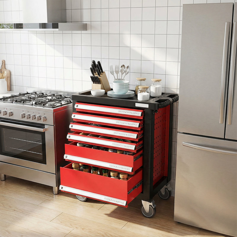 Coffre à outils à 6 tiroirs avec serrure, coffre à outils avec roulettes et plateau à outils