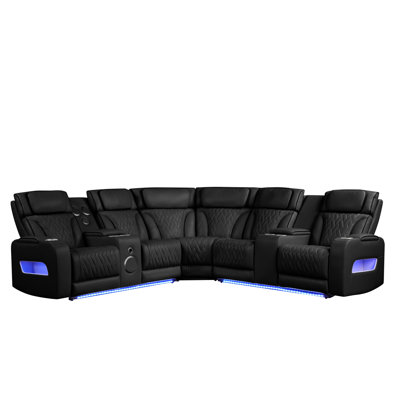 Jazz 117"W Black Leather Aire Transformer Power Reclining Sectional Sofa With Power Headrest, Bluetooth Speakers, LED Lights, USB & USB-C Ports, Storage & Cupholders