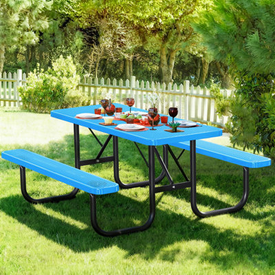 Table de pique-nique robuste en acier enduit, table d'extérieur en métal de qualité commerciale avec trou pour parasol