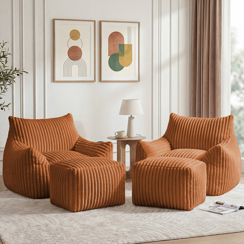 Set of 2 Oversized Compression Corduroy Foam Bean Bag Chair with Ottoman(Set of 2), Orange