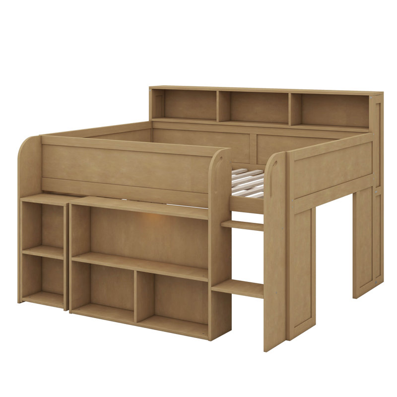 Lit mezzanine double en bois équipé de nombreuses tablettes de rangement, d'un bureau et d'un éclairage à DEL, Noyer
