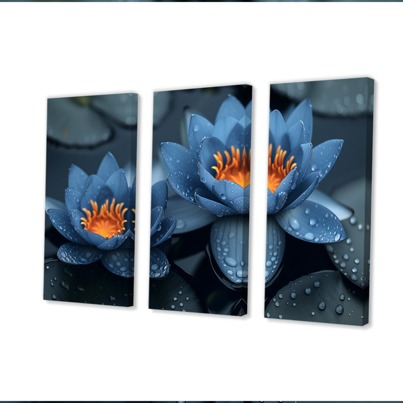 «Blue Monicolang Lotus Pond Radiant Blooms III - Lotus», ensemble d'art mural, H 28 po x l 36 po x P 1 po