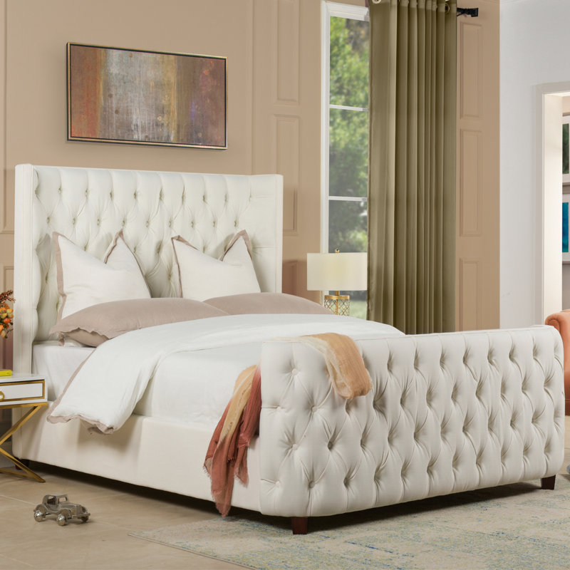 Currier Upholstered Wingback Bed, Queen, Light Beige Linen