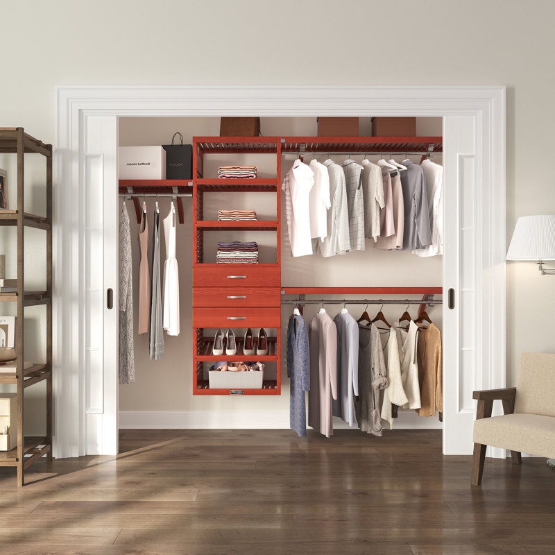 John Louis Home Solid Wood Walk-In Closet System with 3-Drawers, Red Mahogany