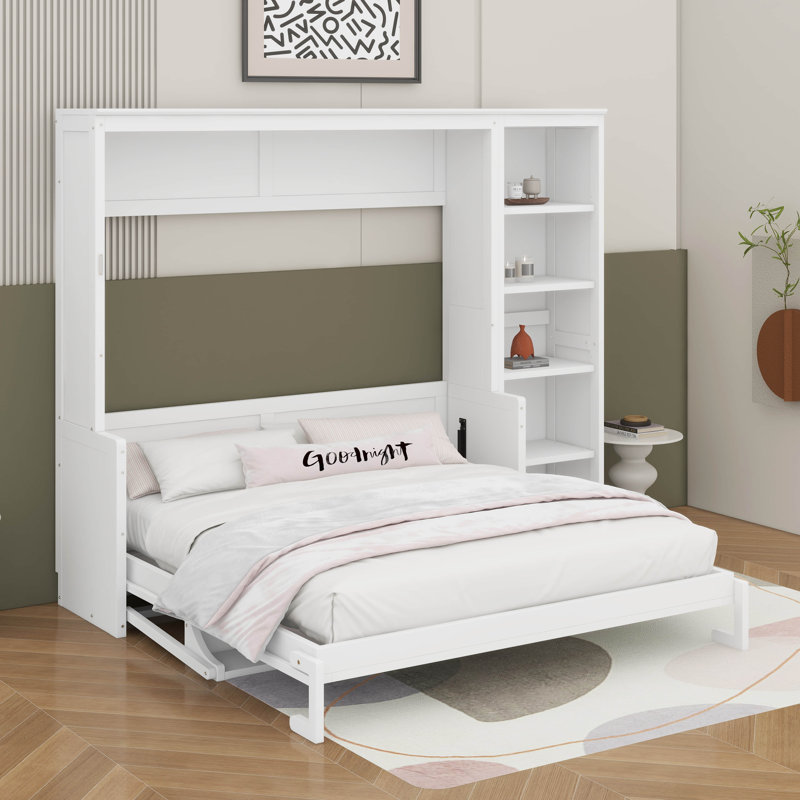 Grand lit escamotable avec bureau et bibliothèque, Blanc, Grand lit