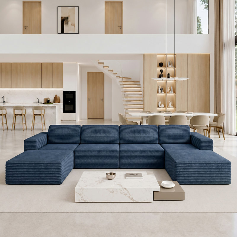 Modular Corduroy Boneless Sofa With 2 Ottomans, No Assembly Required, With High Rebound Sponge, 93" H x 404" W x 205" D, Blue