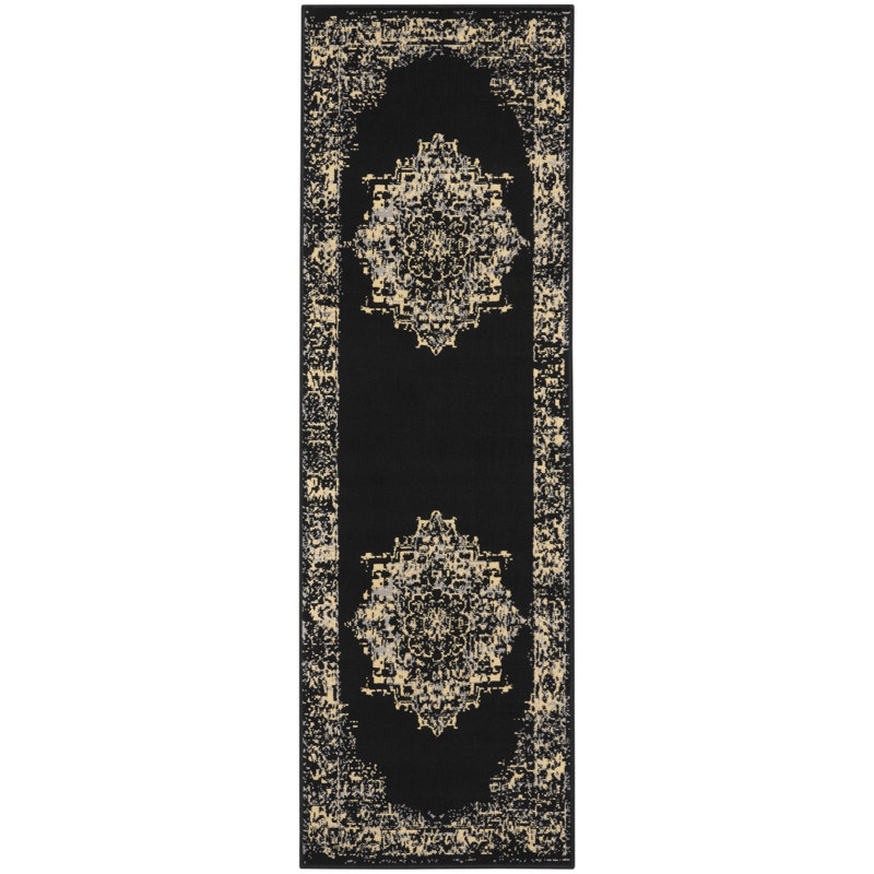 Burnie Oriental Black/Cream Area Rug, Runner 2' x 6'