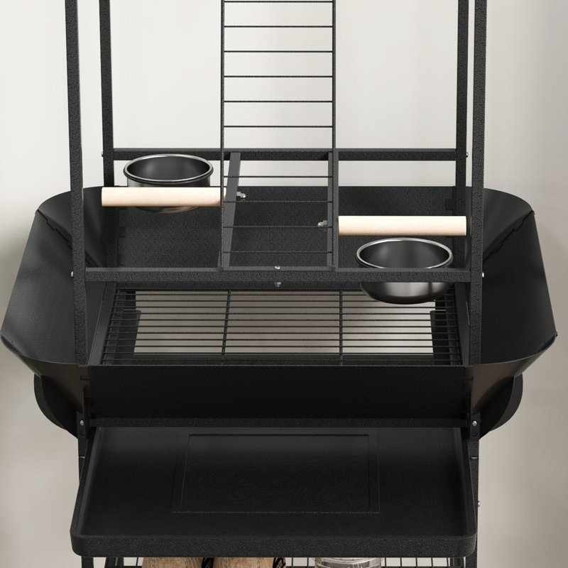 Small Parrot Stand With Wheels, Dark Grey - Multi-functional Perches, Stainless Steel Bowls, Pull-out Tray, User- Bird Play Wheels Feed Hanger, For Comfort And Joy
