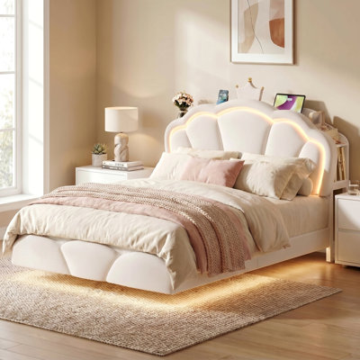 Floating Cloud Crown Velvet Bed with Headboard Storage, LED Light & Built-in Charging Outlet