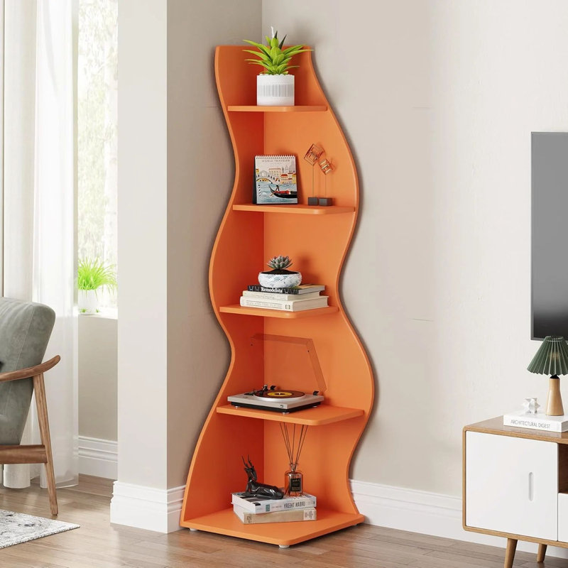TribeSigns 5-Tier Corner Shelf, Modern Wall Corner Bookshelf Bookcase, Orange