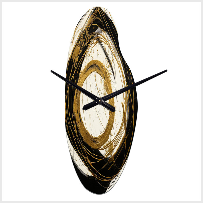Zavi noir et or «The Art of Chaos III» - peinture abstraite horloge murale en métal incurvé, horloge asymétrique noire