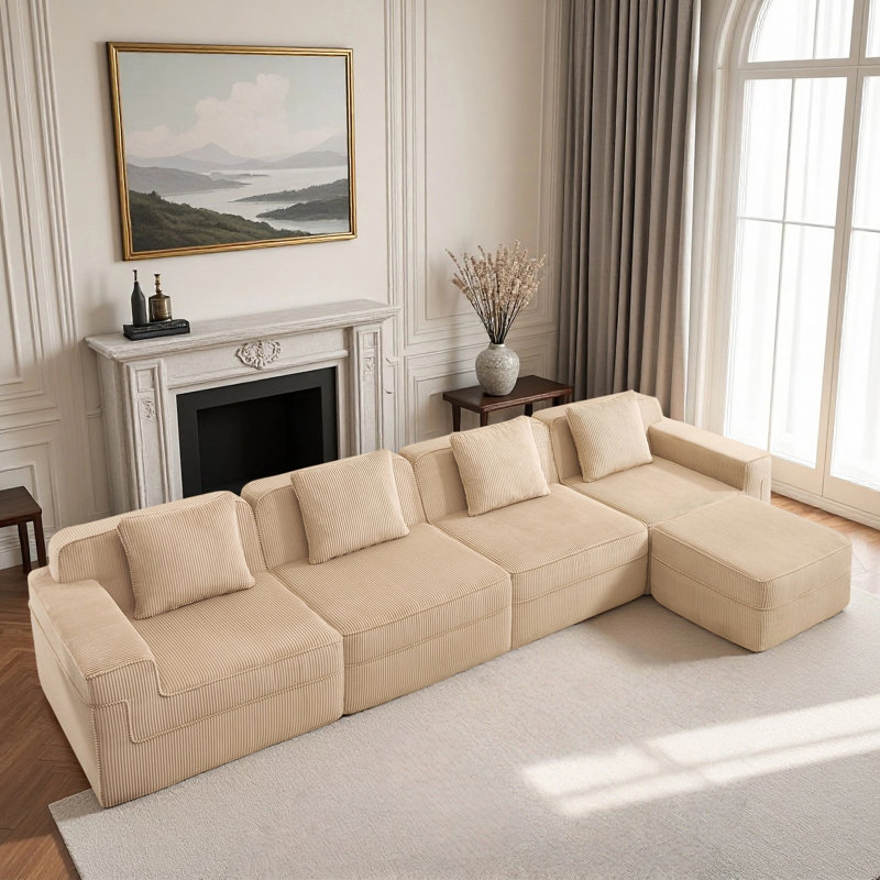 Canapé modulaire modulaire en L à 4 places sans os, canapé modulaire Cloud avec assise profonde, canapé modulaire moderne à 4 places avec 1 repose-pieds mobile, tissu en velours côtelé