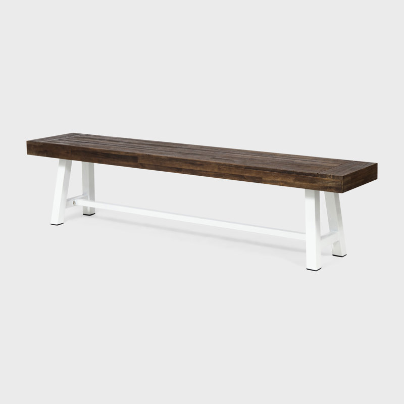 Banc en bois de 74 pouces de large pour la salle à manger, sièges à lattes, pieds à structure en A, brun foncé et blanc