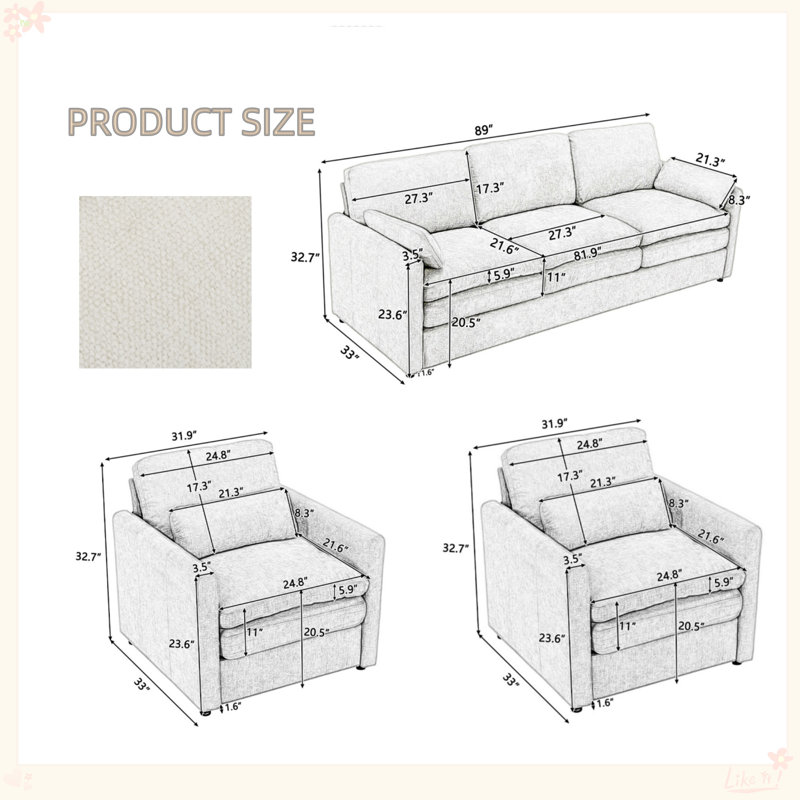 Extra-large Double-cushion Sofa Set, White