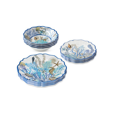 Certified International Blue Lagoon 12-piece Melamine Dinnerware Set – Coastal Coral & Seashell Design – Service For 4 With  In Blue;white;green;gold;tan